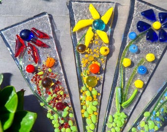 Fused Glass Plant Stake: Colorful Handmade Garden Decor