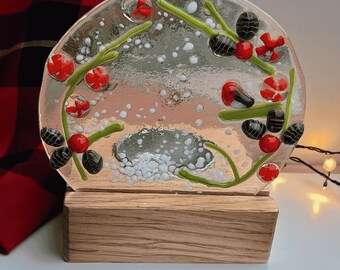 Handmade Fused Glass Robin Tealight Holder | Holly & Berry Christmas Decor | Unique Winter Candle Gift