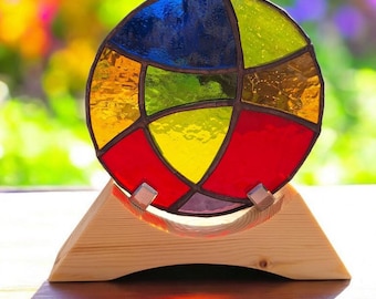 Colourful Stained Glass Ornament with Wooden Stand – Handmade Window Display