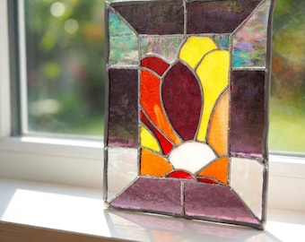 Stained Glass Panel - Flower Art Nouveau Tiffany Style Window Sill Decor, Handmade