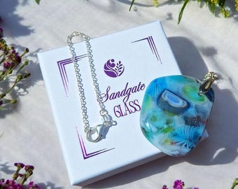 Fused Glass Pendant Necklace: Blue Green Handmade Jewelry, Gift Boxed