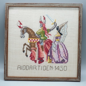 Vintage Embroidered Wall Decor, Cross Stitched Wall Hanging of a Knight & Princess