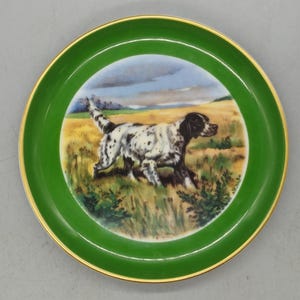 Puede incluir: Un plato decorativo con borde verde y ribete dorado. El centro presenta una pintura de un perro con manchas blancas y negras corriendo por un campo de hierba alta. El fondo muestra un paisaje con colinas y un cielo nublado.