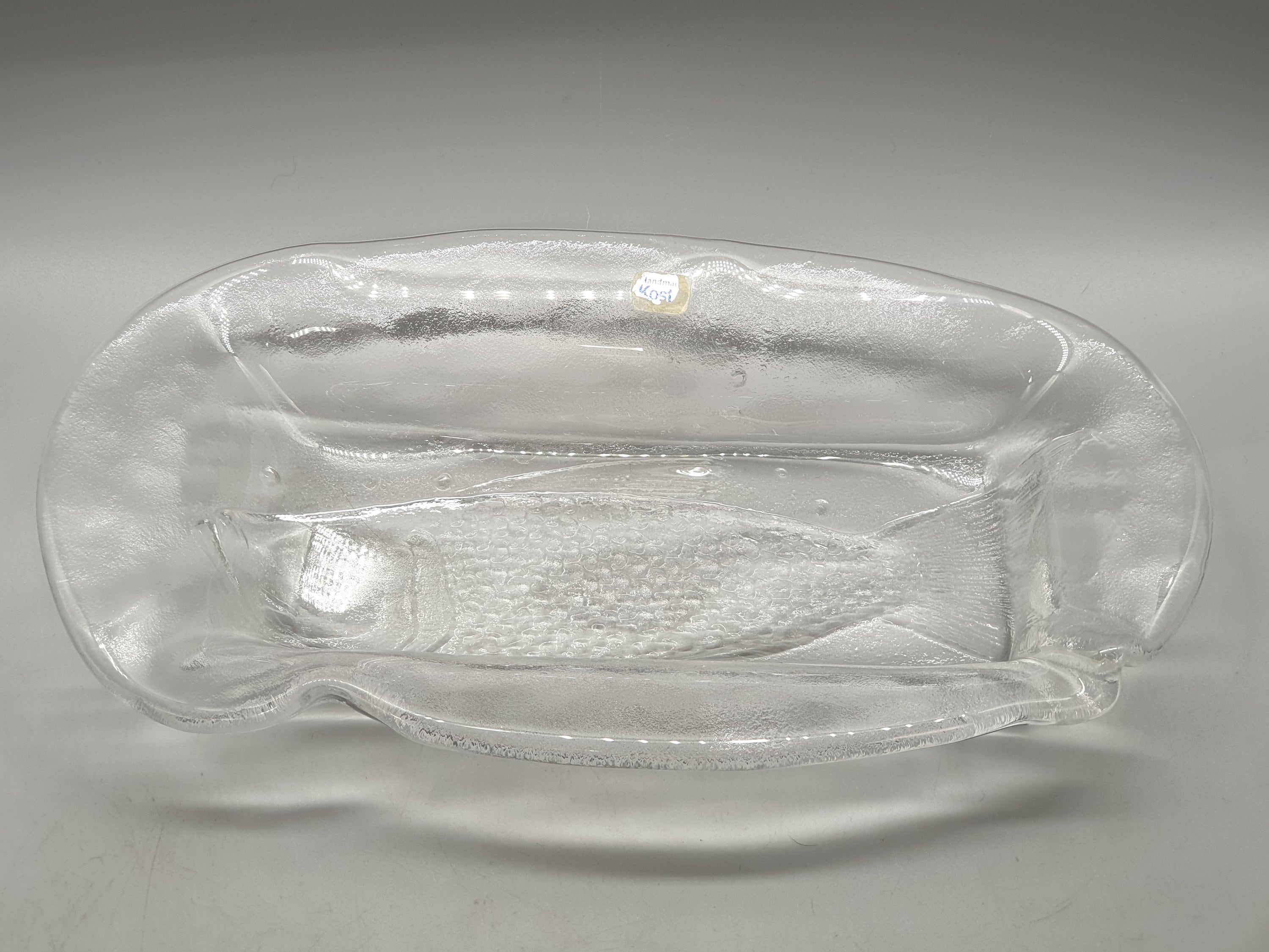 Vintage Kosta Boda Sweden Rectangular Glass Bowl With Pressed Fish