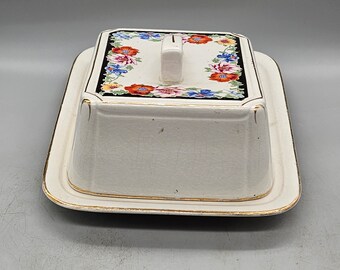 1930 年代のイギリス製バター皿 / トレイ、蓋付き、花と金の装飾付き