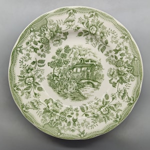 Può includere: Un piatto in ceramica bianca con un design floreale e paesaggistico verde. Il piatto presenta un'illustrazione dettagliata di una casa, un ponte e figure, circondata da un bordo di fiori e foglie. Il piatto ha un bordo smerlato.
