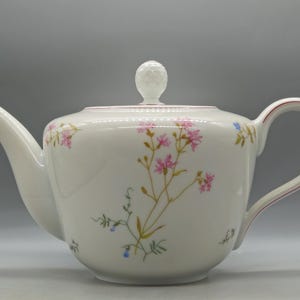 Può includere: Una teiera in porcellana bianca caratterizzata da un delicato motivo botanico con fiori rosa, steli verdi e piccoli fiori blu. La teiera presenta un coperchio coordinato con pomello rotondo, un beccuccio curvo e un manico con una sottile linea rossa.
