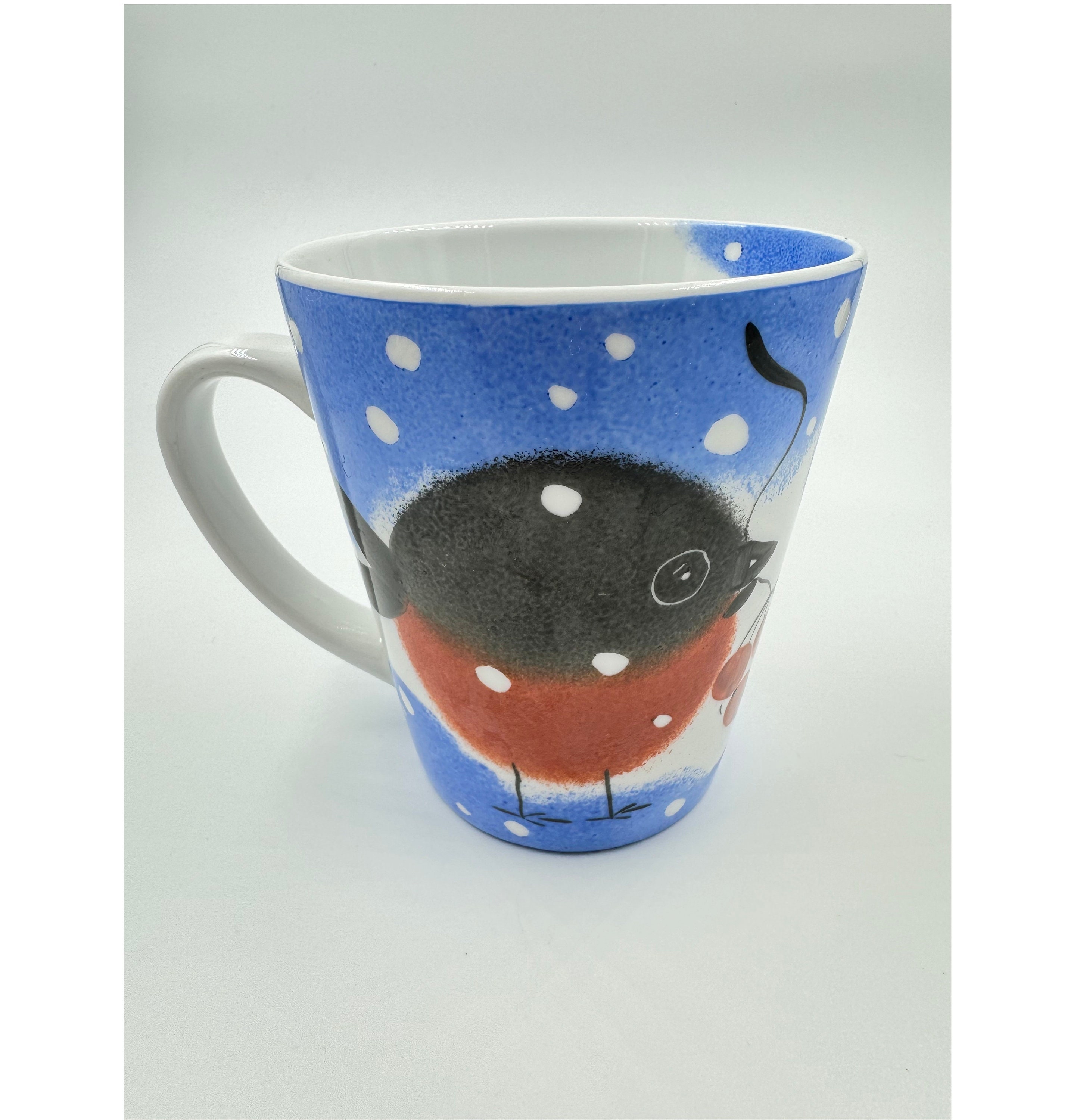Vintage Handpainted Estonia Porcelain Signed Winter Chubby bird Mug