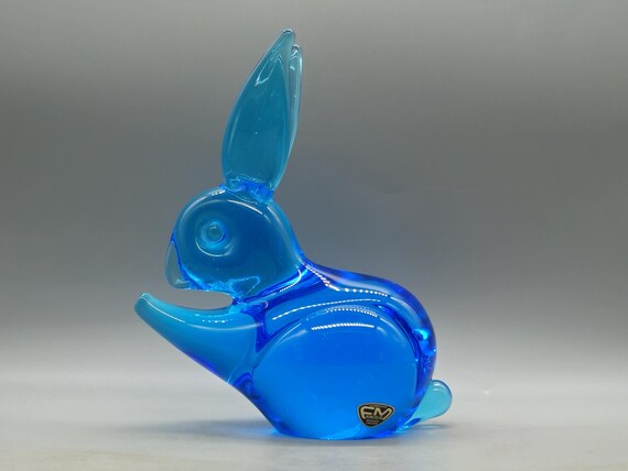 ヴィンテージ FM Konstglas スウェーデン ブルーガラス ウサギの彫刻