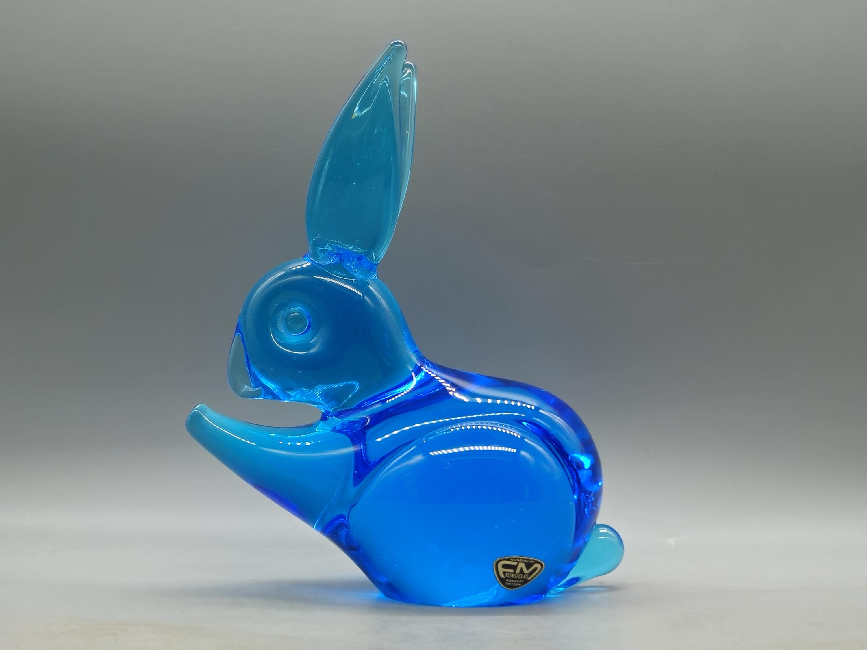 ヴィンテージ FM Konstglas スウェーデン ブルーガラス ウサギの彫刻