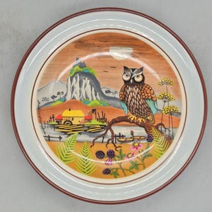 May include: A ceramic plate with a hand-painted design of an owl perched on a branch in front of a mountain scene. The owl is brown, green, and yellow, and the mountain is brown, green, and white. The plate has a white background with a brown rim.