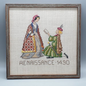 Vintage Embroidered Wall Decor, Cross Stitched Wall Hanging of a Pair of Aristocrats