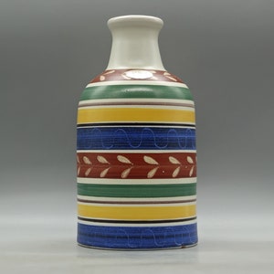 Op de afbeelding: Een keramische vaas met een witte achtergrond en kleurrijke strepen in tinten blauw, groen, geel en rood. De vaas heeft een eenvoudige, cilindrische vorm en een smalle hals.