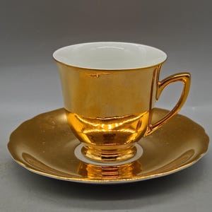 1930s Rudolf Kampf Grünlas Czechoslovakia Gilded Porcelain Cup & Saucer Plate, Duo Coffee Set | Loučky / Elbogen | Vintage Czech Porcelain
