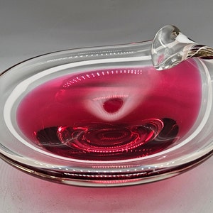 Vintage Footed Red Glass Centerpiece / Bowl With Clear Rim