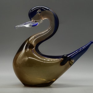 Vintage Murano Blue & Amber Coloured Glass Swan Paperweight Figurine / Sculpture