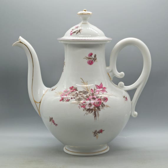 Antike Porzellan Teekanne / Kaffeekanne mit Blumen & Gold Verzierungen
