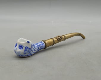 Vintage Japanse Kiseru, rookpijp met porseleinen kattendecoratie