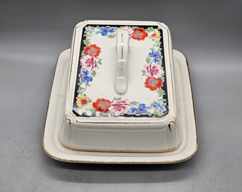 1930 年代のイギリス製バター皿 / トレイ、蓋付き、花と金の装飾付き