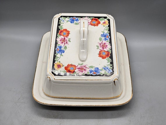 1930 年代のイギリス製バター皿 / トレイ、蓋付き、花と金の装飾付き