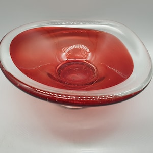 Vintage Footed Red Glass Centerpiece / Bowl With Clear Rim & Bullicante Bubble Pattern