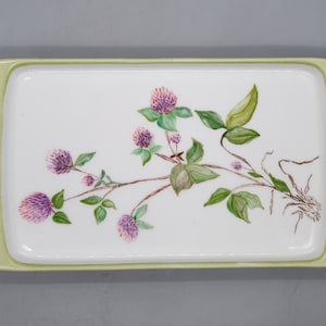 Può includere: Un vassoio rettangolare da portata con un bordo verde e un interno bianco. Il vassoio presenta un disegno dipinto di una pianta di trifoglio con fiori rosa e viola.