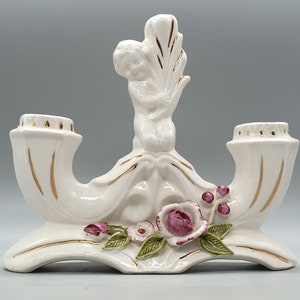 Vintage Polish Ceramic Double Candleholder With Gold Decorations | Vintage Polish Ceramics