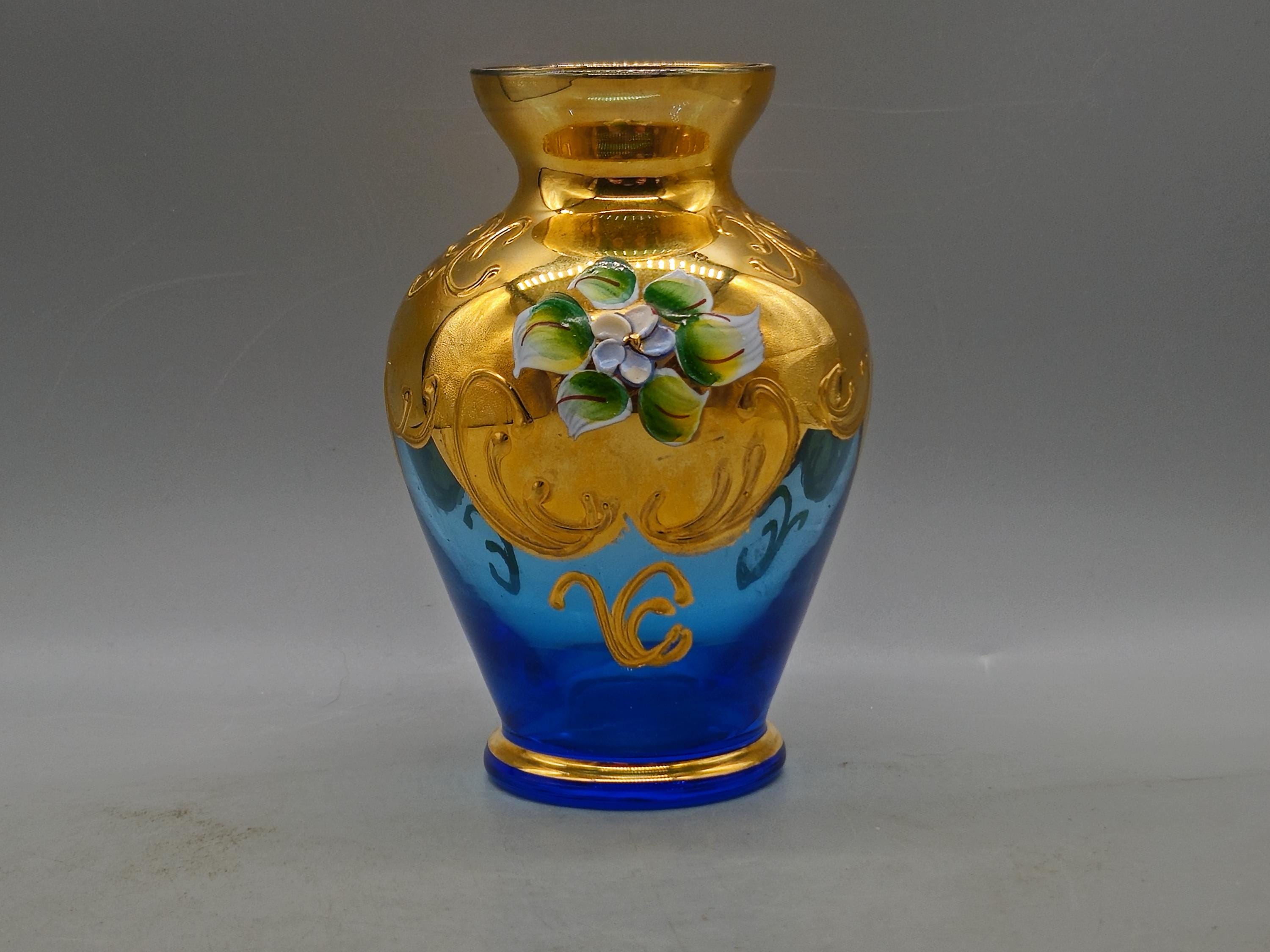 Vintage Bohemian Blue Glass Vase, With Handpainted Floral & Gold