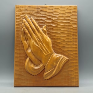 Vintage Handmade Wood Plaque With a Relief of Hands in Prayer | Vintage Folk Art