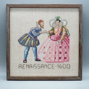 Vintage Embroidered Wall Decor, Cross Stitched Wall Hanging of a Pair of Aristocrats