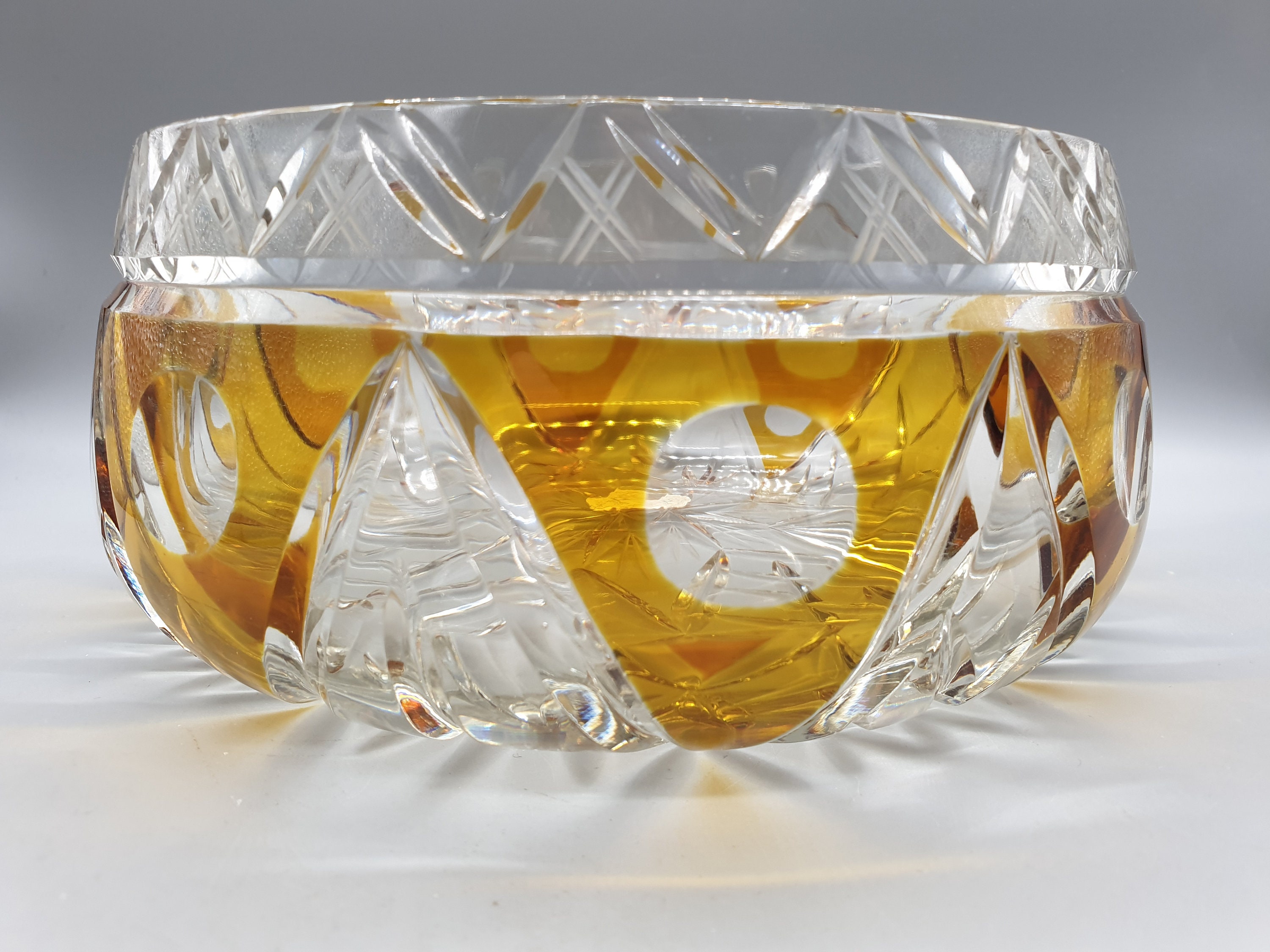 Large Glass With Cut Decorations Glass Bowl - Etsy Coloured Vintage German Amber Crystal Bleikristall Vintage Handgeschliffen Echt Lead