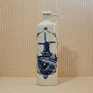 Vintage Flora Keramiek Gouda Holland "Delft Blue" Handmade Earthenware Ceramic Bottle / Decanter With Cork | Vintage Dutch Pottery