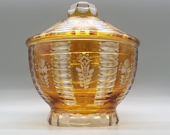 Vintage Amber Cut Glass Lidded Bowl With Cut Glass Engraving Decorations