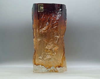 1970s Kumela Riihimäki Finland Brutalist Amber Glass Vase, Signed by Kaj Blomqvist | Vintage Scandinavian Glass