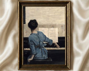 ピアノを弾く女性のヴィンテージ絵画、音楽の壁アート、ガーリーな