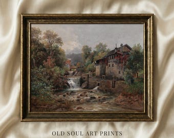 Impressão de pintura de paisagem campestre vintage: Arte de parede rústica e melancólica para imprimir - Decoração de fazenda (Download digital)