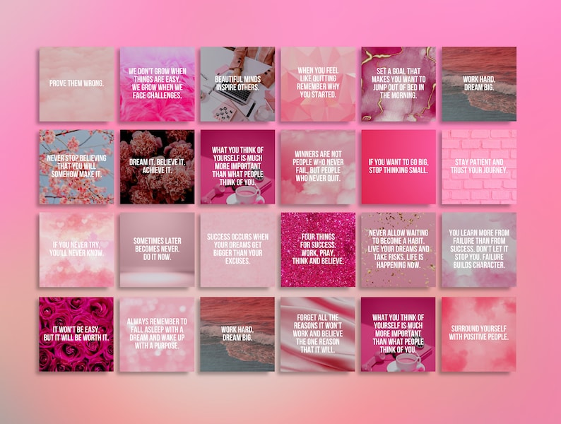 May include: A pink and white motivational poster with 16 different inspirational quotes. The quotes are in a white font and are surrounded by a pink background with different textures and patterns. The quotes include phrases like "Work hard, dream big", "Never stop believing", and "Success occurs when your dreams get bigger than your excuses".