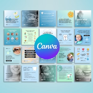 20 post sui social media a tema dentista blu già pronti, completamente personalizzabili, modelli di post e storie di Instagram modificabili con Canva, citazioni e contenuti