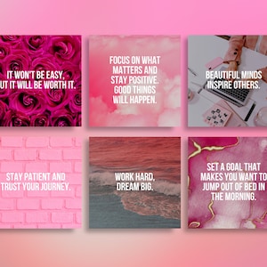 May include: Six pink and white motivational quote cards with inspirational messages. The cards feature a variety of backgrounds, including roses, brick, water, and marble.