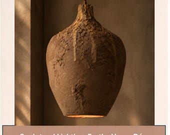 May include: A bronze brown pendant light with a textured, uneven surface and vertical drip-like details. The fixture hangs from a black cord and features the text BRONZE BROWN at the top and Sculptural Lighting. Earthy Home Décor, at the bottom.