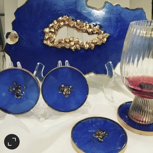 Blue /gold resin tray coaster Set  Home deco, gift. Coaster set. Tableware. Wedding gift. Monther&#39;s Day gift