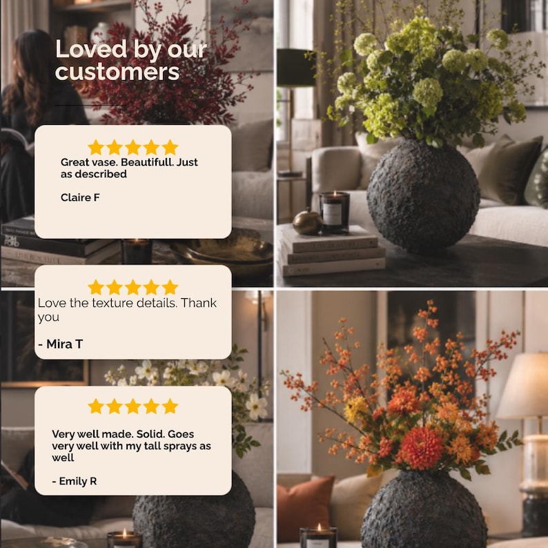 Op de afbeelding: Een bolvormige, donkergrijze vaas met een ruwe, kratervormige textuur. De vaas wordt in verschillende settings getoond, gevuld met diverse bloemstukken waaronder groene hortensia's en oranje bloesems. Tekstoverlays bevatten klantbeoordelingen en de tekst Loved by our customers.