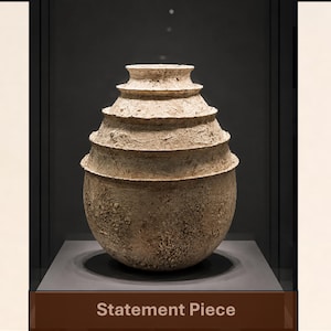 May include: A beige, textured, tiered vessel with a rounded base and a narrow opening at the top. The object features a rough, uneven surface with multiple horizontal ridges stacked in a conical shape. The text "Statement Piece" is visible.