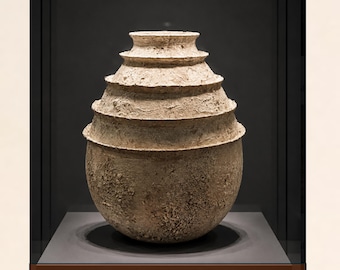 May include: A beige, textured, tiered vessel with a rounded base and a narrow opening at the top. The object features a rough, uneven surface with multiple horizontal ridges stacked in a conical shape. The text "Statement Piece" is visible.
