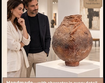 May include: A large, round, textured ceramic vessel with a rustic, earthy brown and dark charcoal finish. The surface features organic, uneven ridges and a weathered appearance. The text "Made in Small Batches" and "Handmade—with character in every detail." is visible.