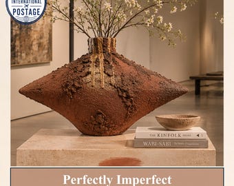 May include: A wide, diamond-shaped ceramic vase with a rough, dark brown textured surface and vertical light-colored drips near the neck. The vase holds thin branches with small white flowers and sits beside a small bowl and two stacked books.