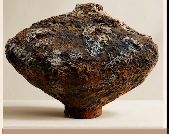 May include: A wide, diamond-shaped ceramic vase with a heavily textured, dark brown and black surface featuring white mineral-like deposits. The vessel has a narrow neck, a small circular opening at the top, and a sturdy, flat, circular base.