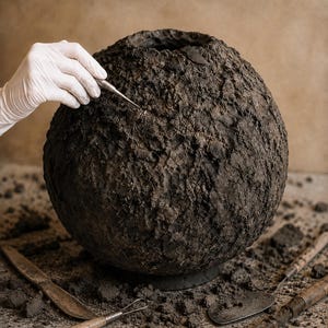 Op de afbeelding: Een bolvormige vaas van donkerbruine klei met een sterk getextureerd, ruw oppervlak dat doet denken aan natuurlijke aarde. De ronde pot heeft een kleine cirkelvormige opening aan de bovenkant en wordt bewerkt met een metalen boetseerinstrument.