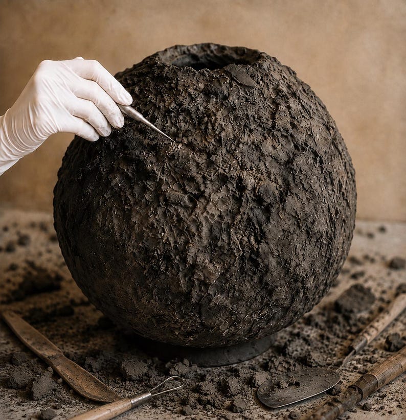 Op de afbeelding: Een bolvormige vaas van donkerbruine klei met een sterk getextureerd, ruw oppervlak dat doet denken aan natuurlijke aarde. De ronde pot heeft een kleine cirkelvormige opening aan de bovenkant en wordt bewerkt met een metalen boetseerinstrument.