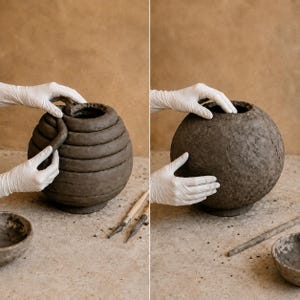Op de afbeelding: Een donkergrijze kleipot in wording, met links een opgebouwde spiraaltechniek en rechts een gladgestreken, afgerond buitenoppervlak. De klei heeft een matte, aardse textuur en de vorm is bolvormig met een kleine opening aan de bovenzijde.